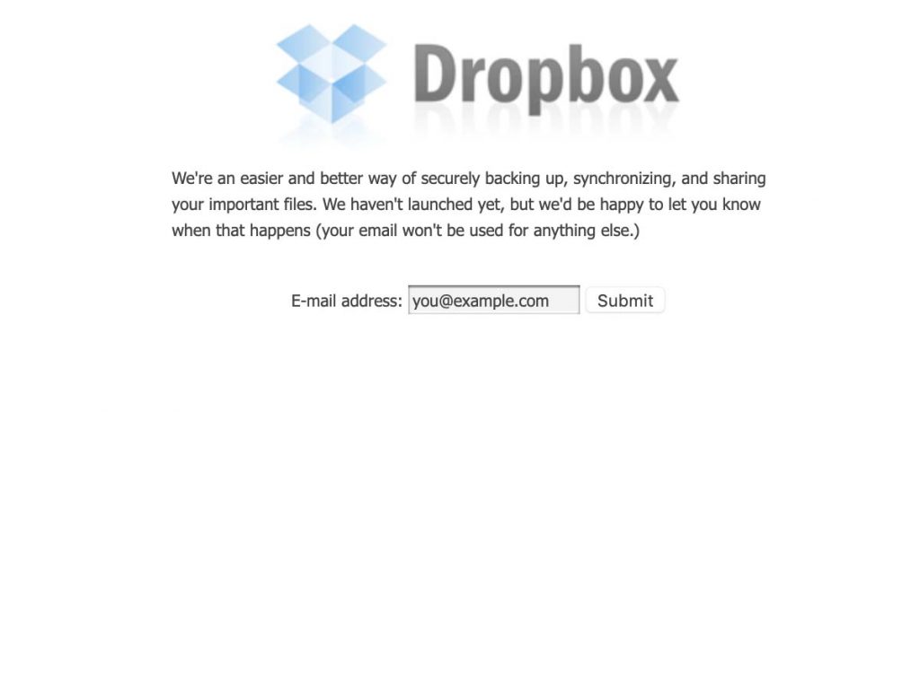 Dropbox's website in February 2007
