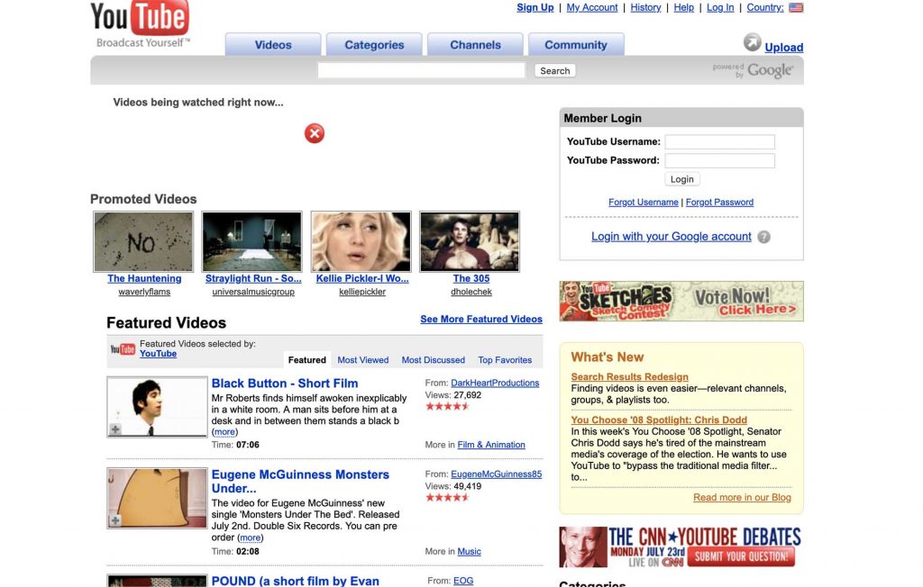 YouTube's website in 2007